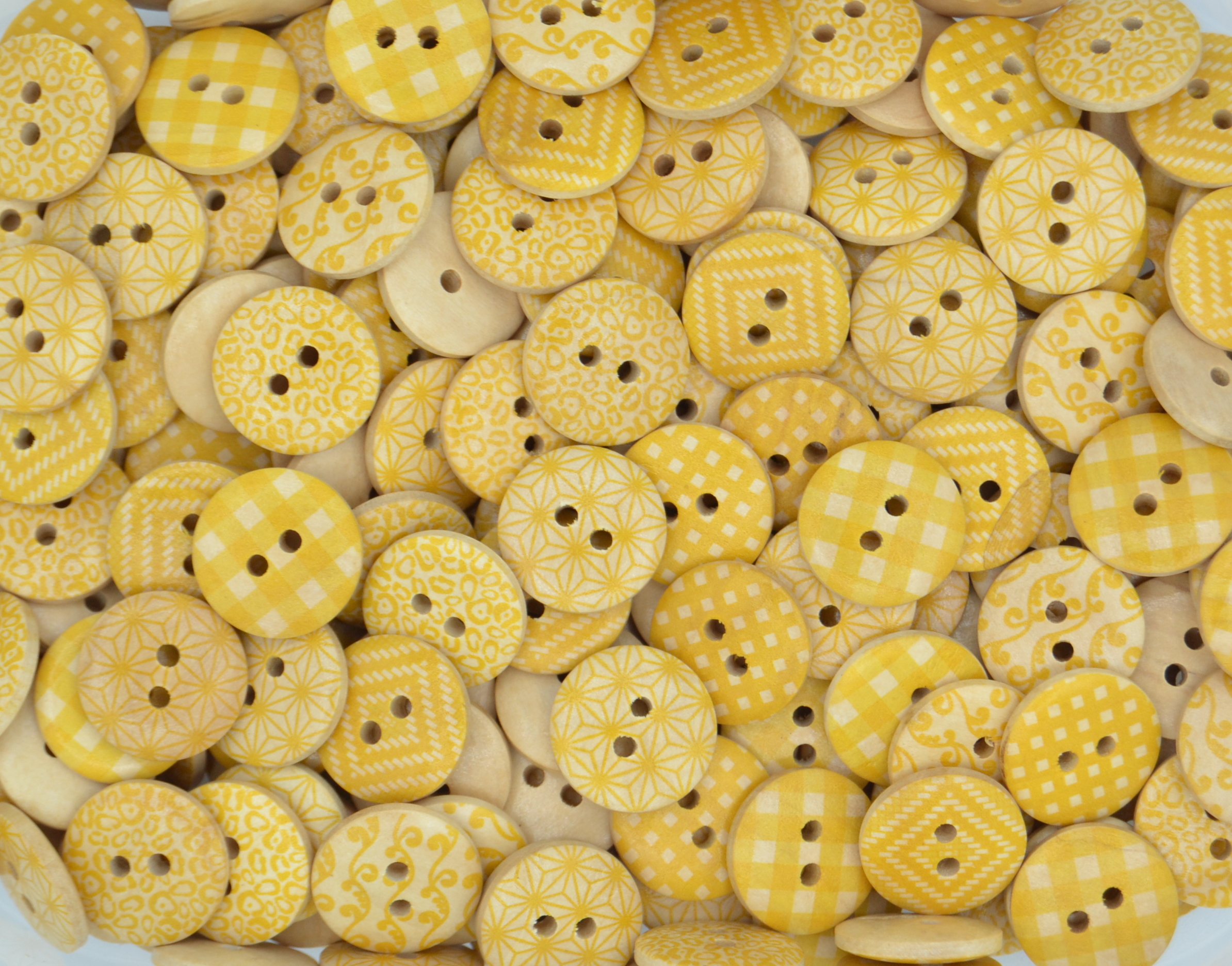 Printed Wooden Buttons - 25mm Yellow Multi Patterned
