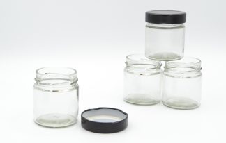 Round Glass Jars with Lids - 100ml Glass Jars -Black Lids - Jam, Baking, Storage, Bath Salts etc.