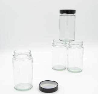 Round Glass Jars with Lids - 200ml Glass Jars -Black Lids - Jam, Baking, Storage, Bath Salts etc.