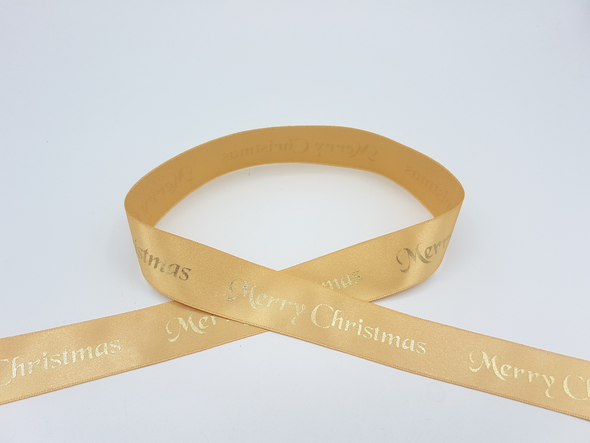 25mm Printed Single Satin Ribbon - Christmas Gold