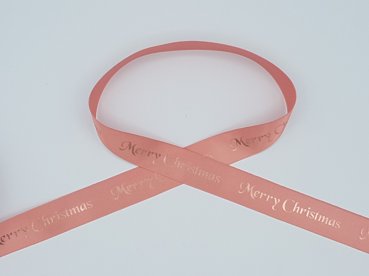 25mm Printed Single Satin Ribbon - Christmas Rose Gold