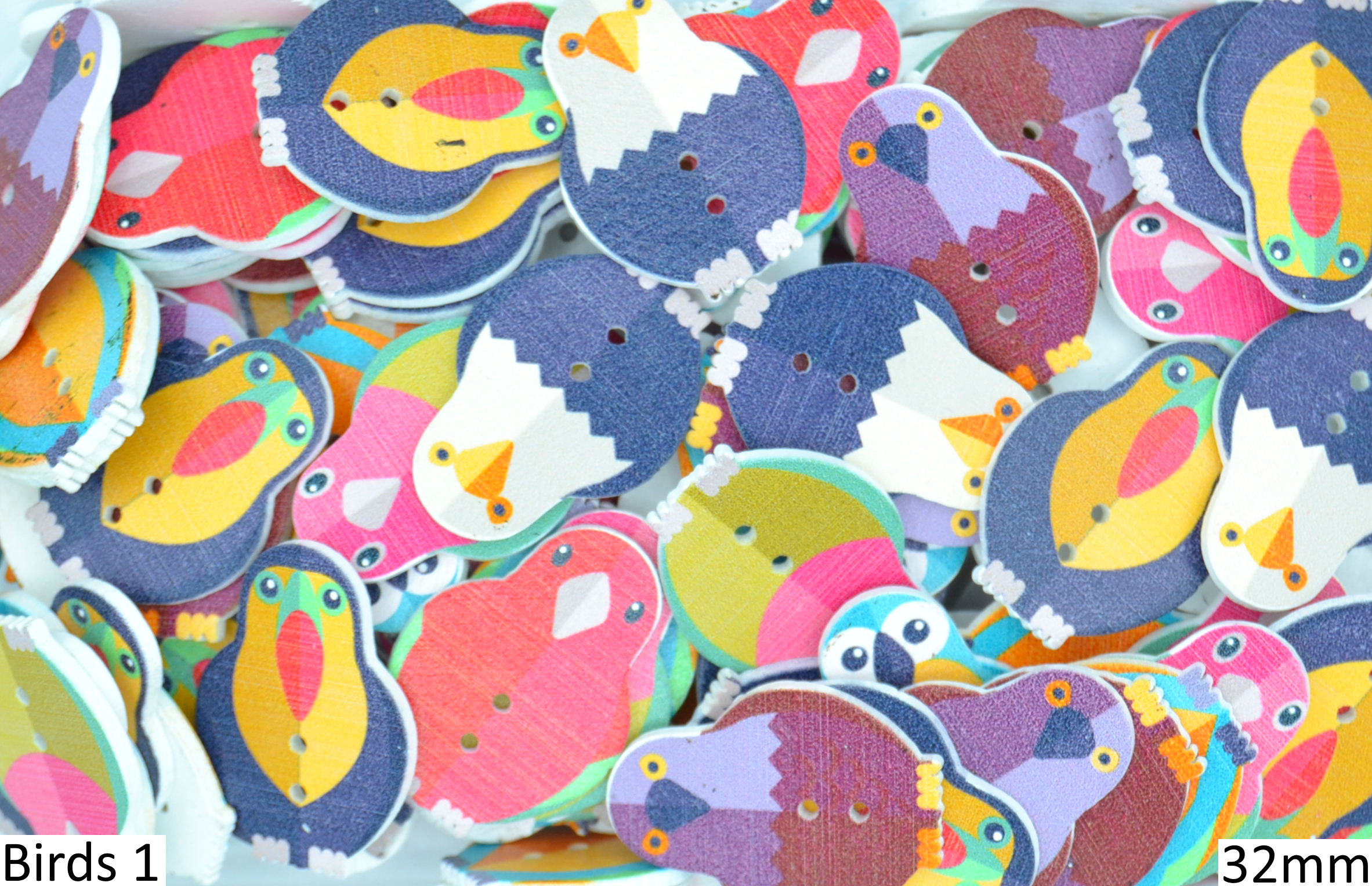 Wooden Printed Buttons (Mixed Birds Type 1, 32mm)