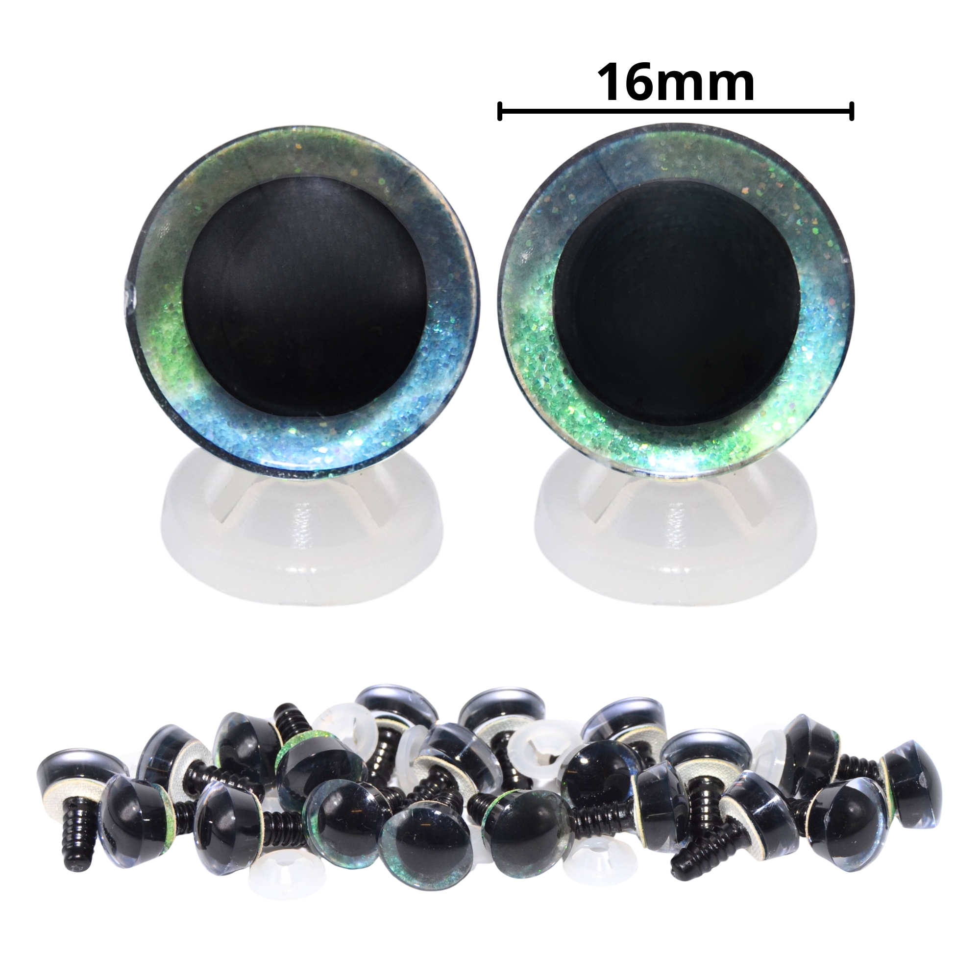 16mm Blue & Green 2 Tone 3D Glitter Eyes with Plastic Backs