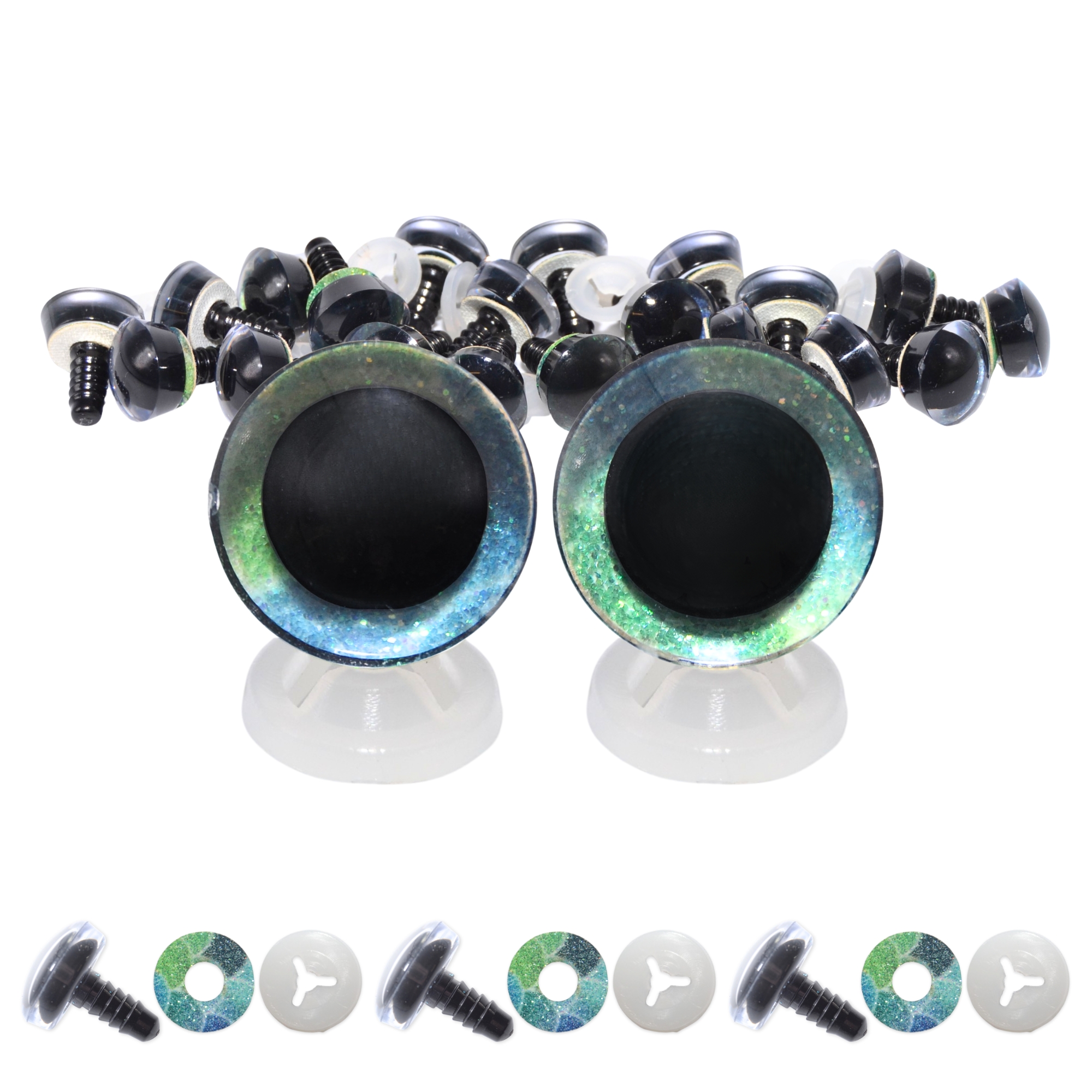12mm Blue & Green 2 Tone 3D Glitter Eyes with Plastic Backs - Image 2
