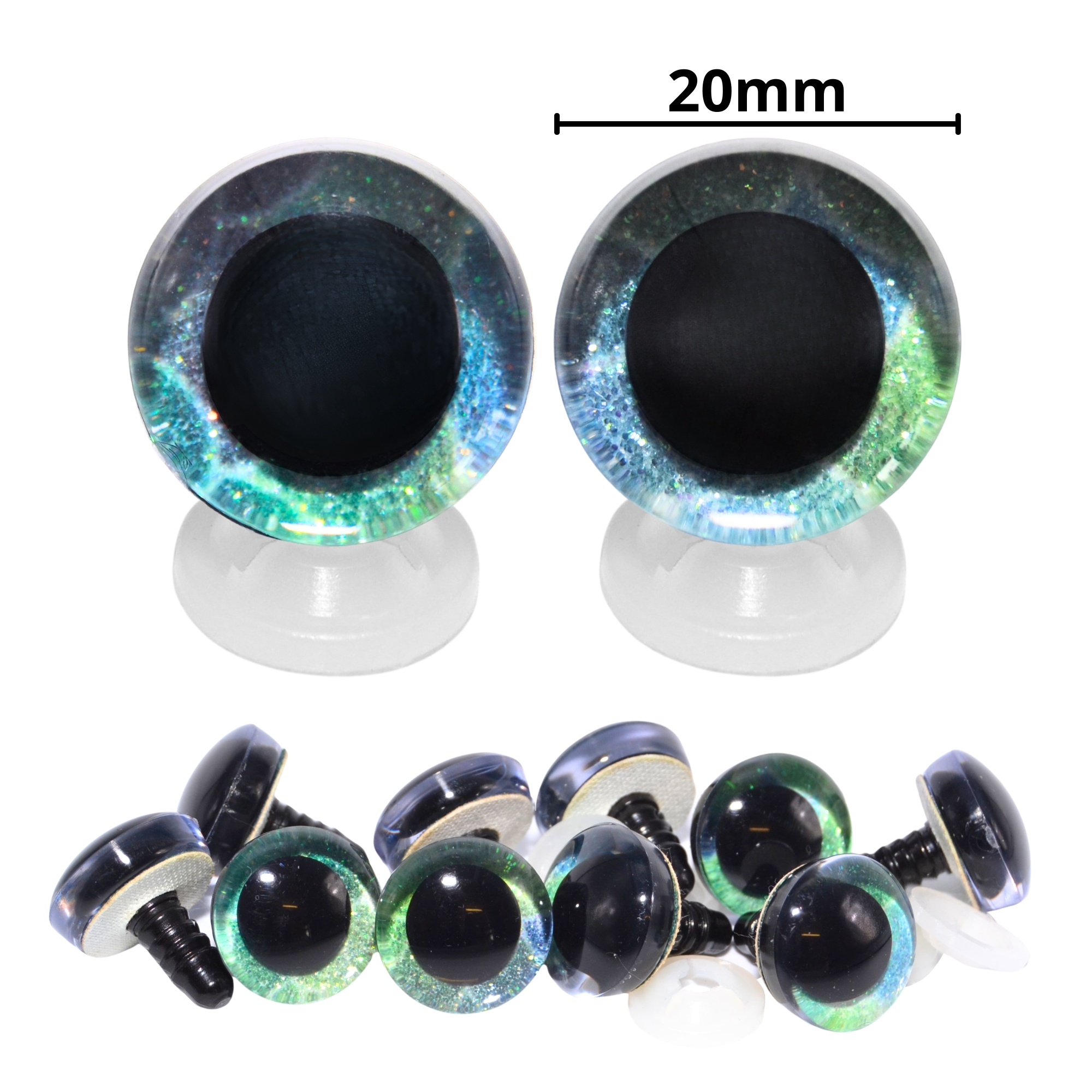 20mm Blue & Green 2 Tone 3D Glitter Eyes with Plastic Backs