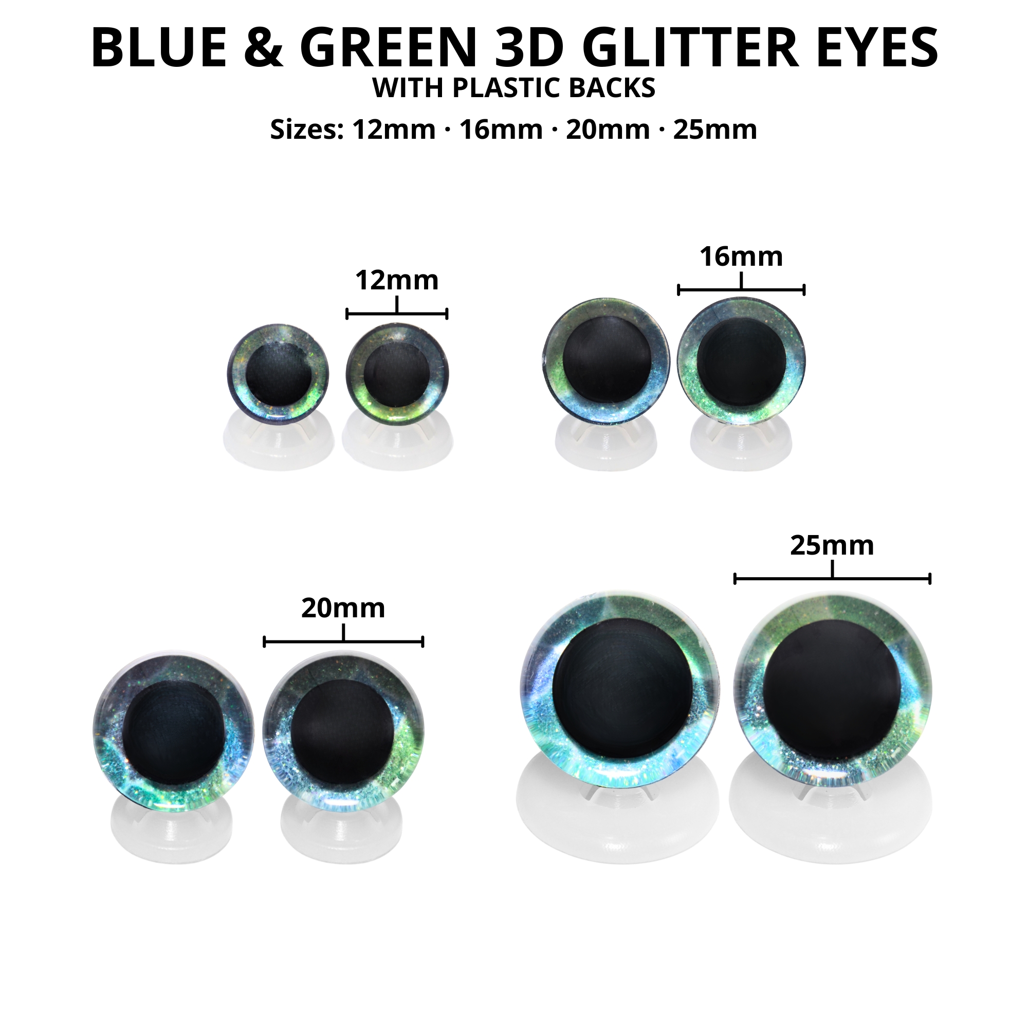 12mm Blue & Green 2 Tone 3D Glitter Eyes with Plastic Backs - Image 3