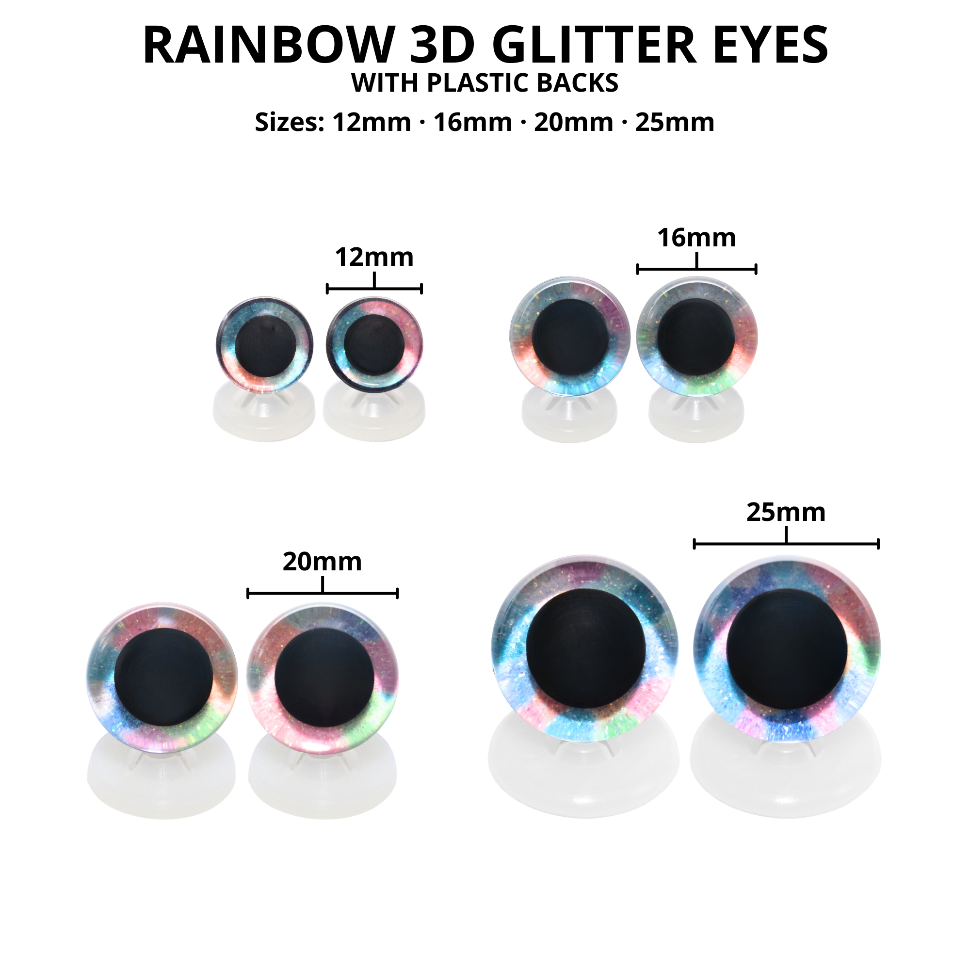 12mm Rainbow 2 Tone 3D Glitter Eyes with Plastic Backs - Image 3