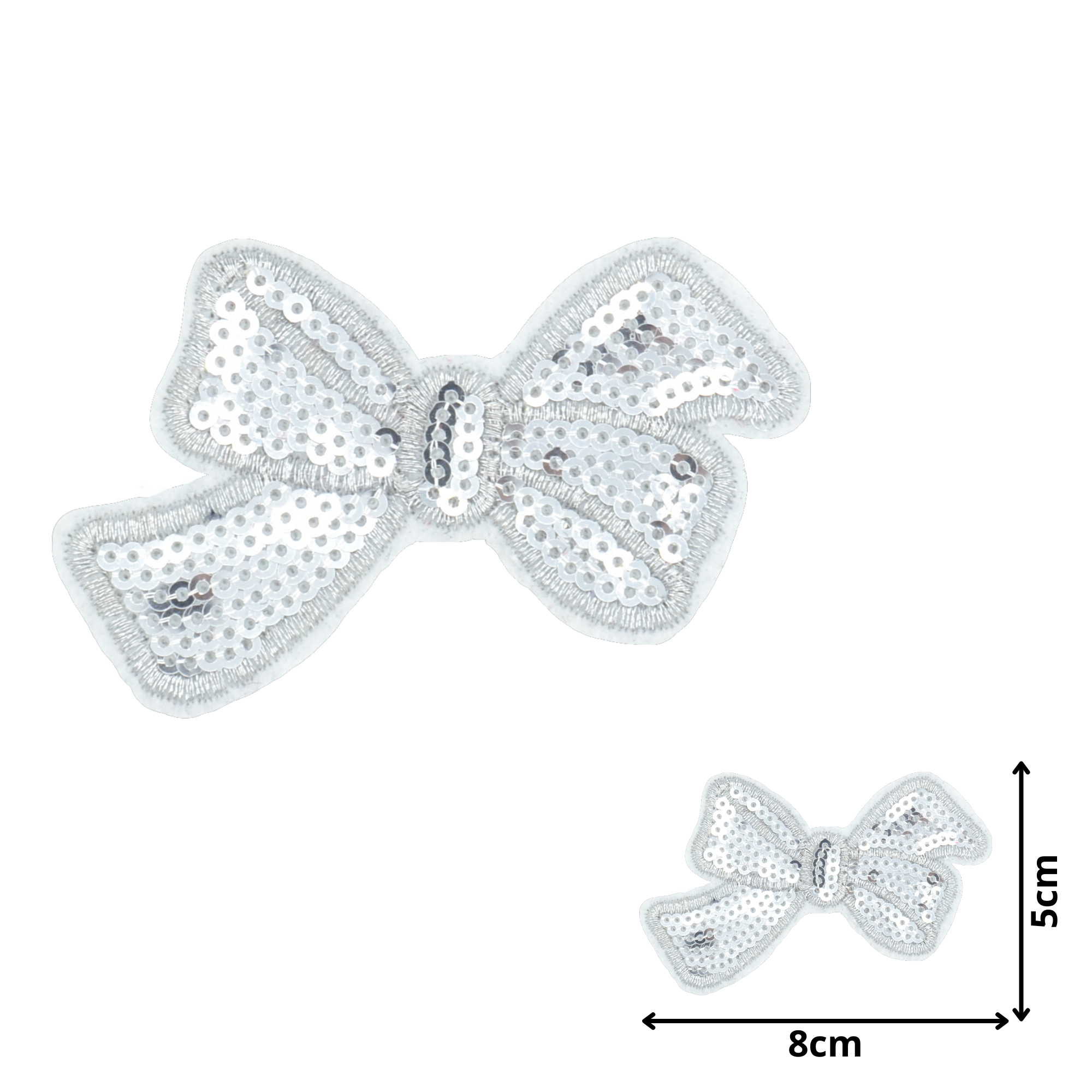 Bow Silver on White (SEQ067) - Sequin Embroidered Patches