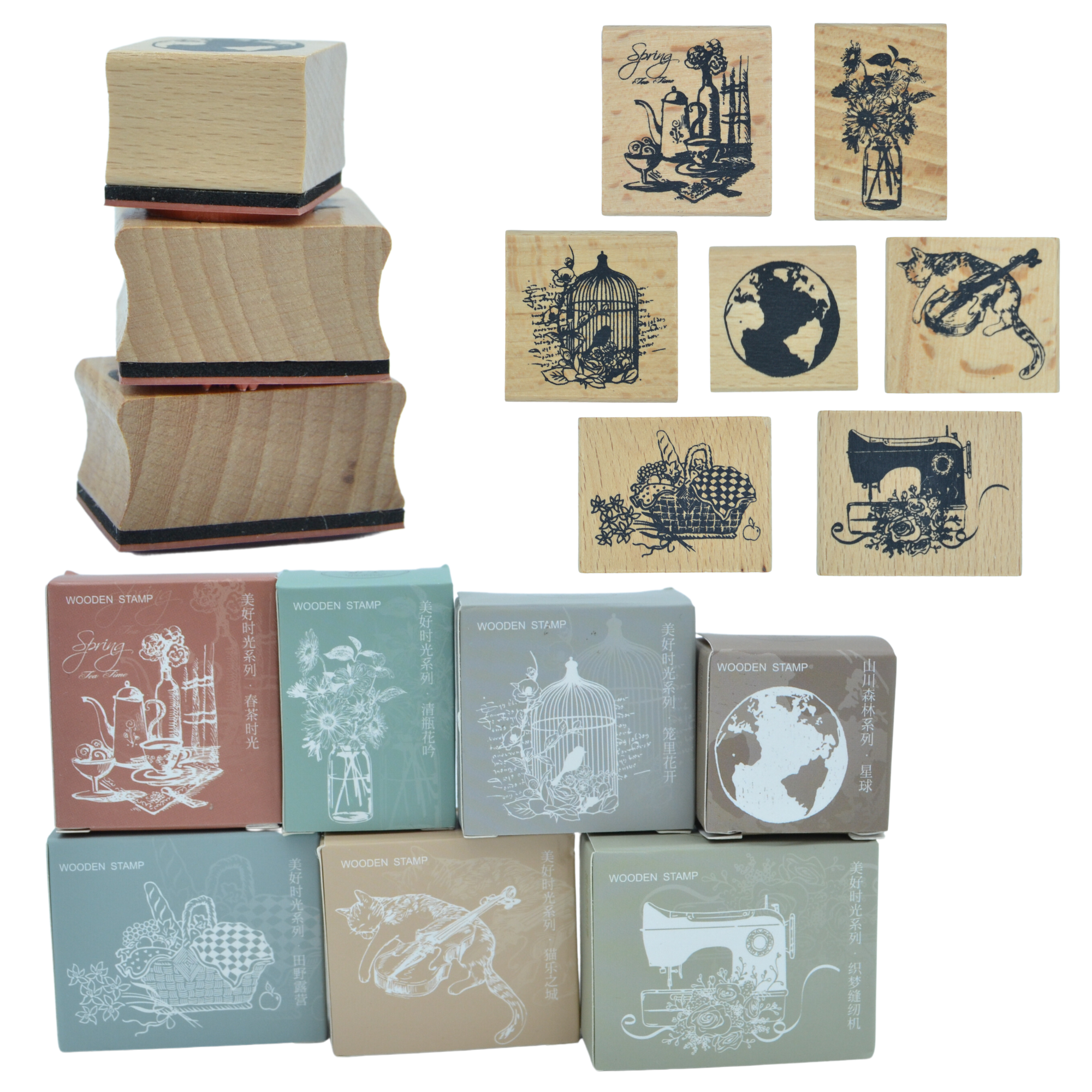 Set of 7 Rubber Stamps (Mixed 03) - Wooden Ink Stampers