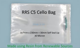 RRS C5 - 167mm x 230mm + 30mm Self Seal Lip - 30 Micron Clear Renewably Sourced Resin Cellophane - Medium Cello