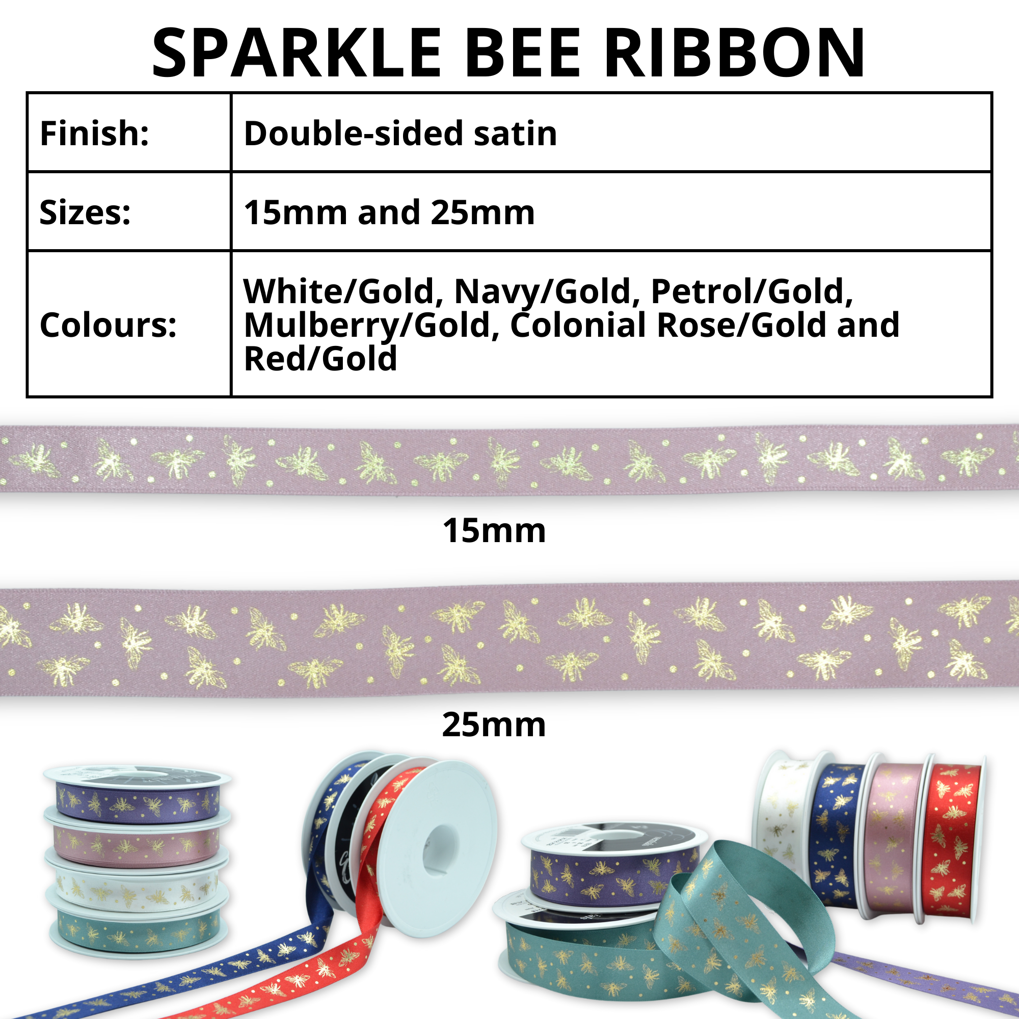 Sparkle Bee 15mm (Red/Gold) - Double Sided Satin Ribbon - Image 5