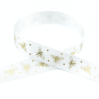 Sparkle Bee 15mm (White/Gold) - Double Sided Satin Ribbon