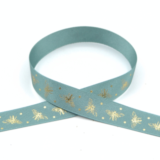 Sparkle Bee 15mm (Petrol/Gold) - Double Sided Satin Ribbon