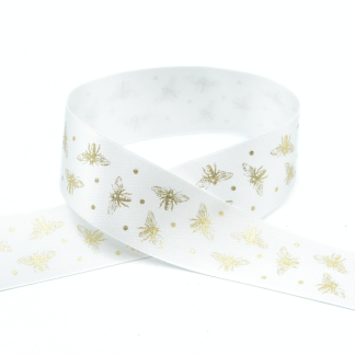 Sparkle Bee 25mm (White/Gold) - Double Sided Satin Ribbon
