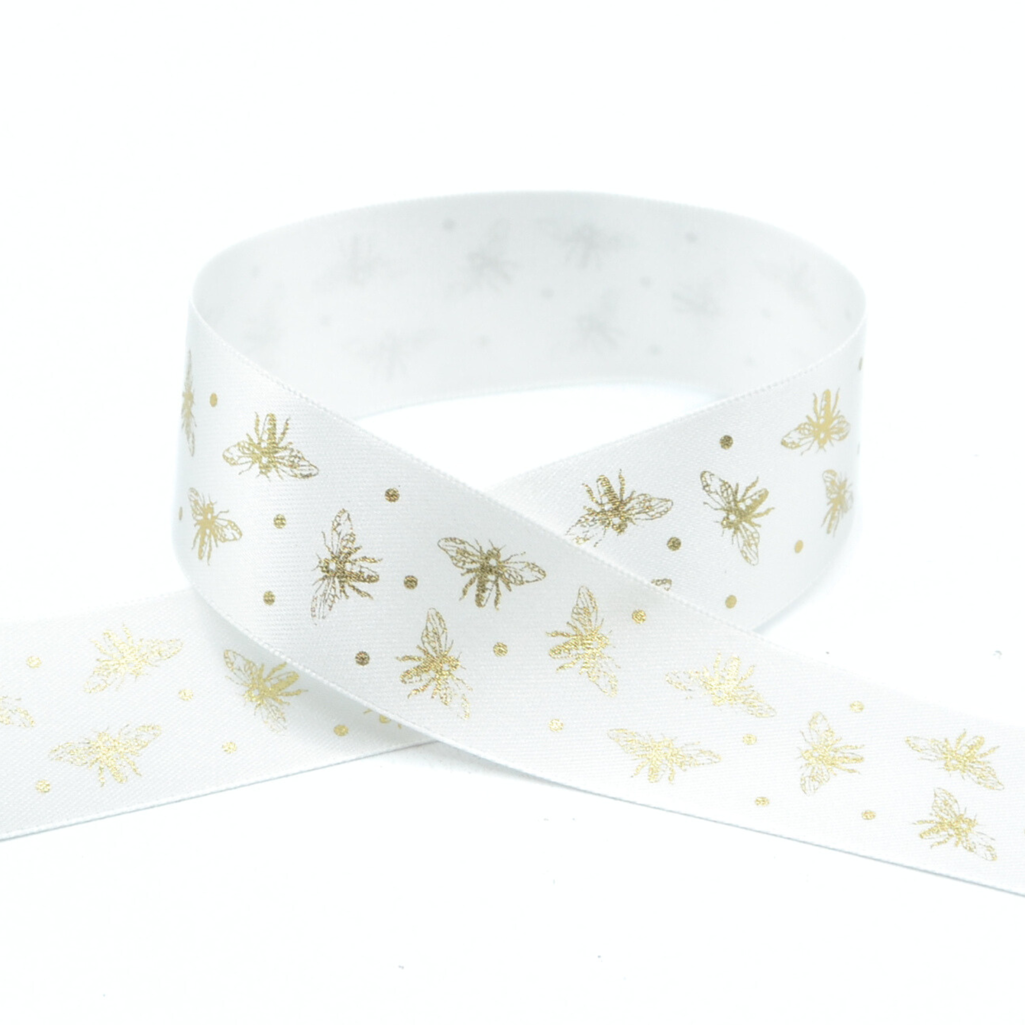 Sparkle Bee 25mm (White/Gold) - Double Sided Satin Ribbon