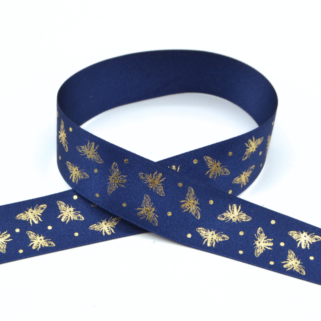 Sparkle Bee 25mm (Navy/Gold) Double Sided Satin Ribbon CelloExpress