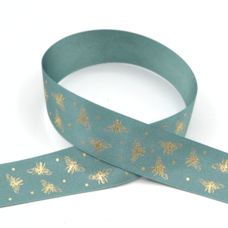 Sparkle Bee 25mm (Petrol/Gold) - Double Sided Satin Ribbon
