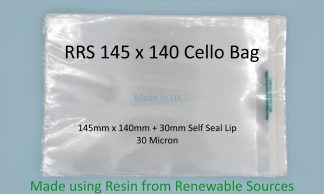 RRS 145mm x 140mm + 30mm Self Seal Lip - 30 Micron Clear Renewably Sourced Resin Cellophane - Small Cello