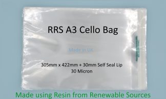 RRS A3 - 305mm x 422mm + 30mm Self Seal Lip - 30 Micron Clear Renewably Sourced Resin Cellophane - Large Cello