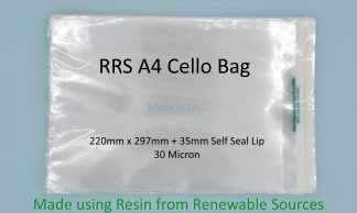 RRS A4 - 220mm x 297mm + 35mm Self Seal Lip - 30 Micron Clear Renewably Sourced Resin Cellophane - Medium Cello
