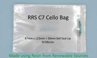 RRS C7 - 87mm x 113mm + 30mm Self Seal Lip - 30 Micron Clear Resin from Renewable Source Cellophane - Small Cello