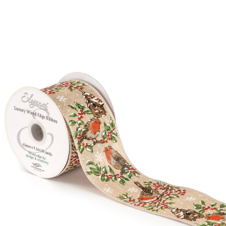 Festive Robin Wire Edged 63mm - Printed Ribbon