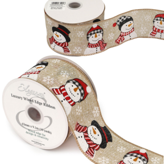 Happy Snowman Wire Edged 63mm - Printed Ribbon