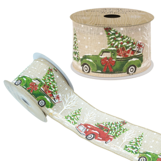 Red & Green Truck Wire Edged 63mm - Printed Ribbon