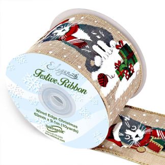 Snow Cat Wire Edged 63mm - Printed Ribbon