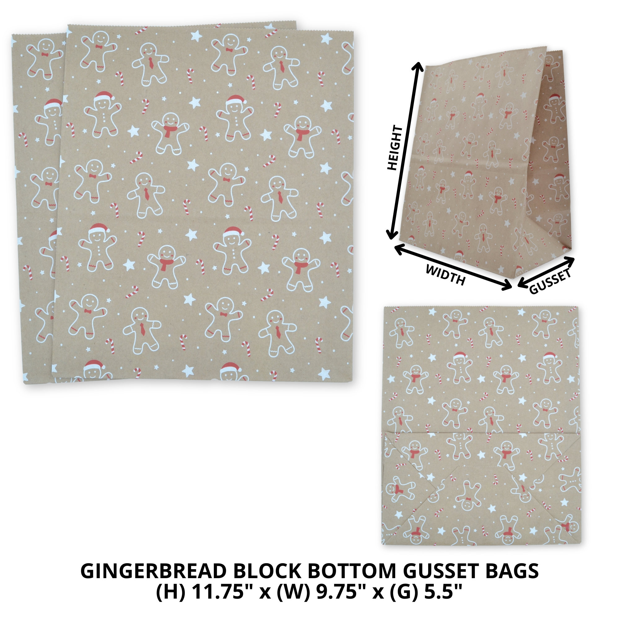 11.75" x 9.75" x 5.5" Gingerbread Block Bottom Paper Party Bags - Image 2