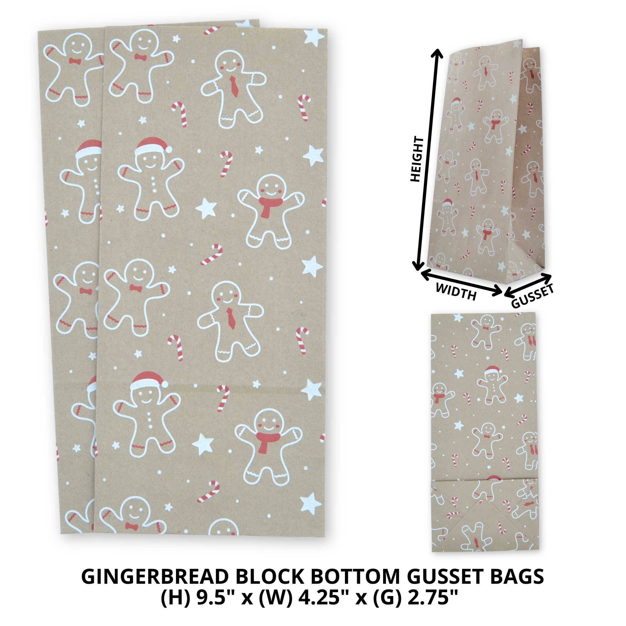 9.5" x 4.25" x 2.75" Gingerbread Block Bottom Paper Party Bags - Image 2