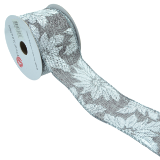 Poinsettia Grey Wire Edged 63mm - Printed Ribbon