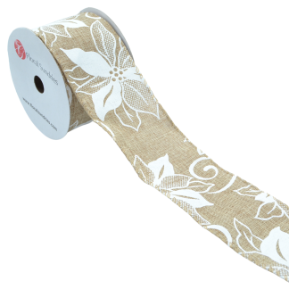 Poinsettia Natural Wire Edged 63mm - Printed Ribbon