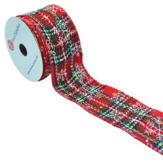 Red Tartan with Snowflakes Wire Edged 63mm - Printed Ribbon