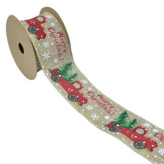 Red Truck Wire Edged 63mm - Printed Ribbon