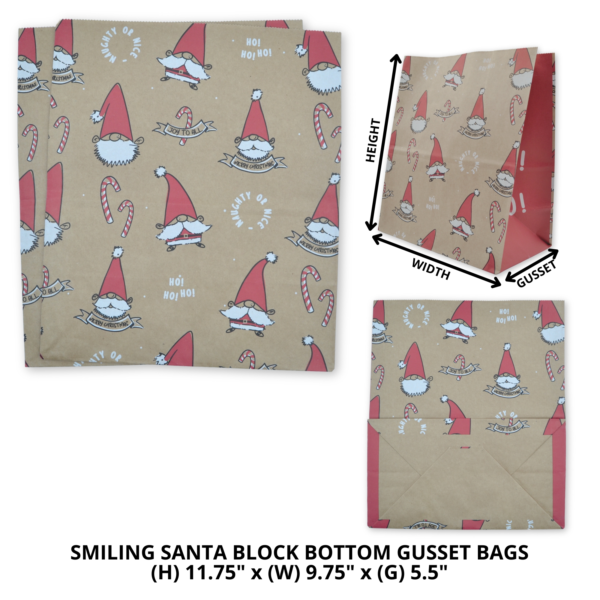 11.75" x 9.75" x 5.5" Smiling Santa Block Bottom Paper Party Bags - Image 2