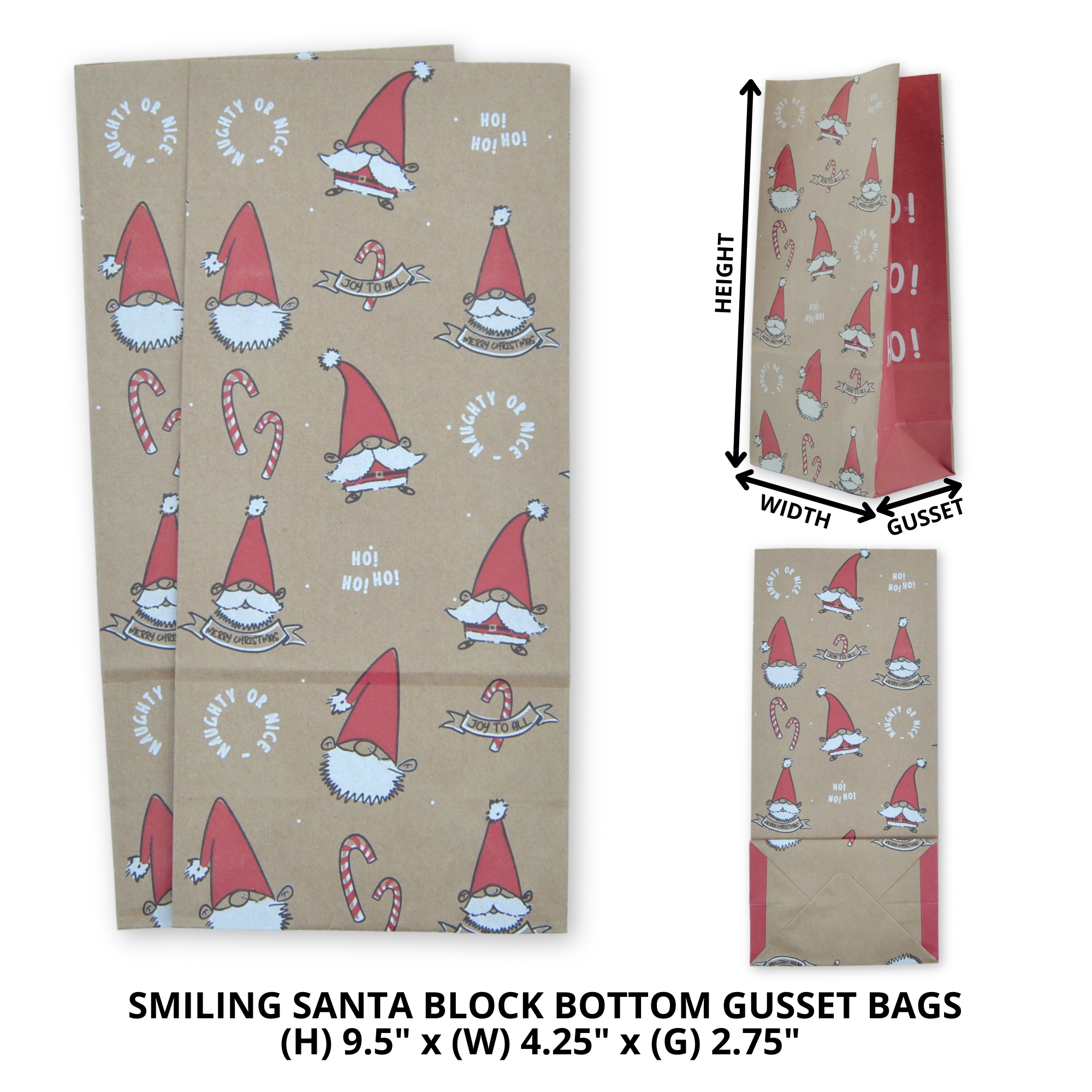 9.5" x 4.25" x 2.75" Smiling Santa Block Bottom Paper Party Bags - Image 2