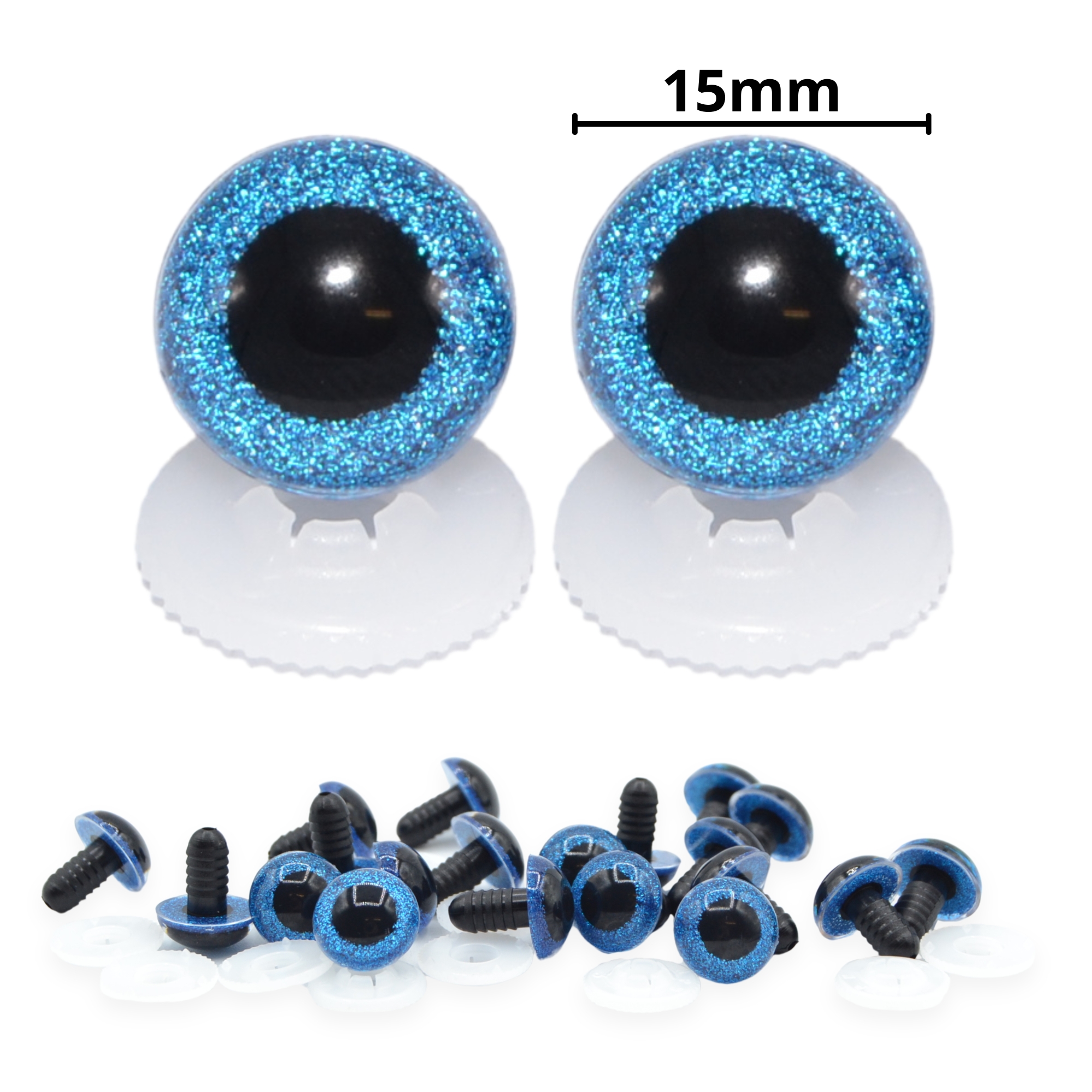 15mm Blue Glitter Eyes - Screw Type with Plastic Backs