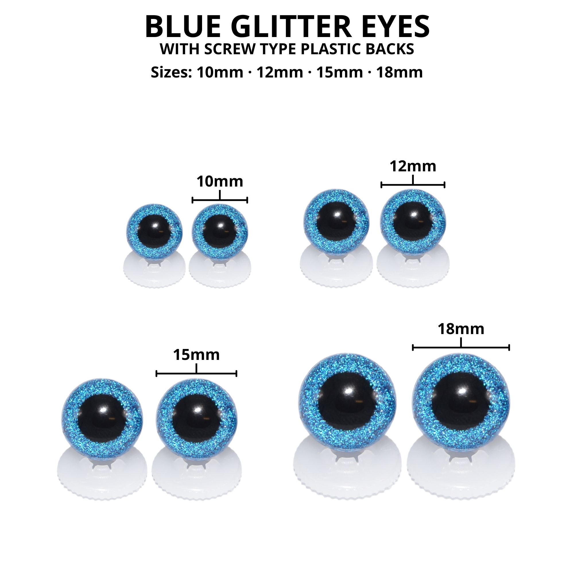 10mm Blue Glitter Eyes - Screw Type with Plastic Backs - Image 3