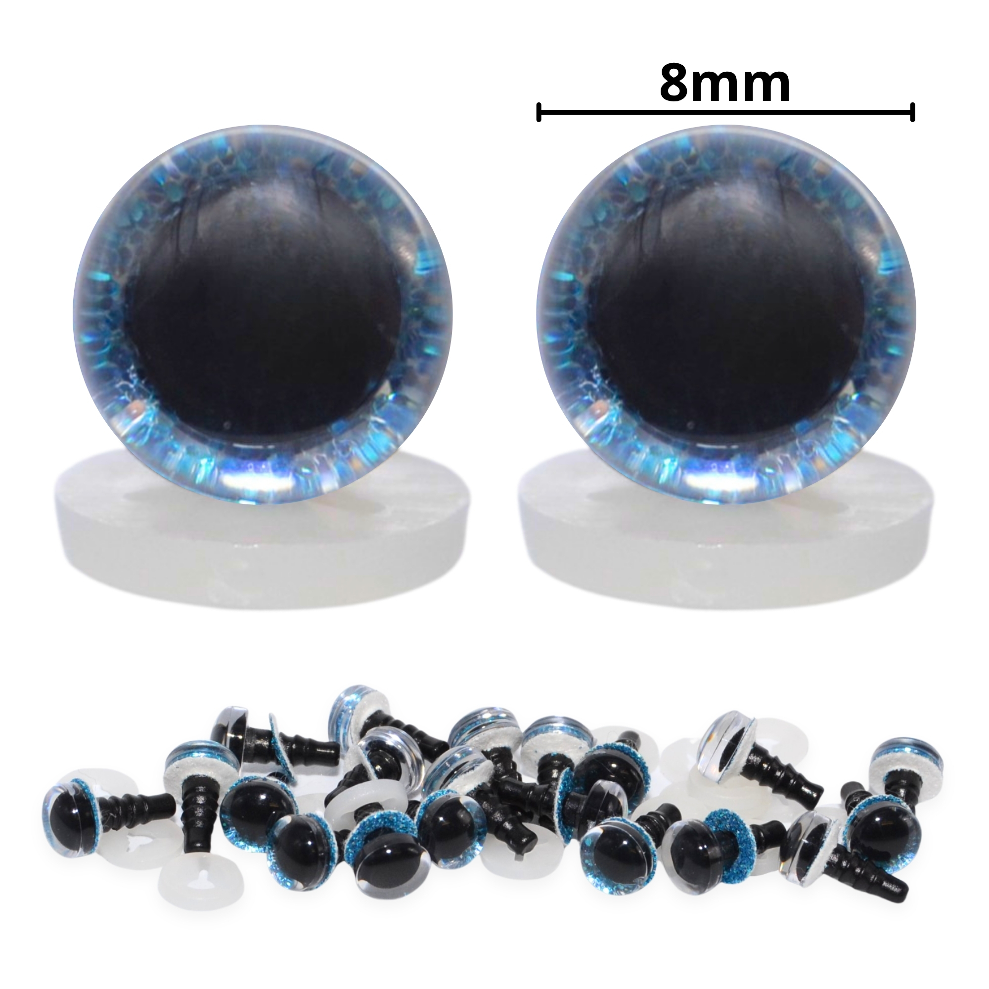 8mm Blue 3D Glitter Sparkle Eyes with Plastic Backs