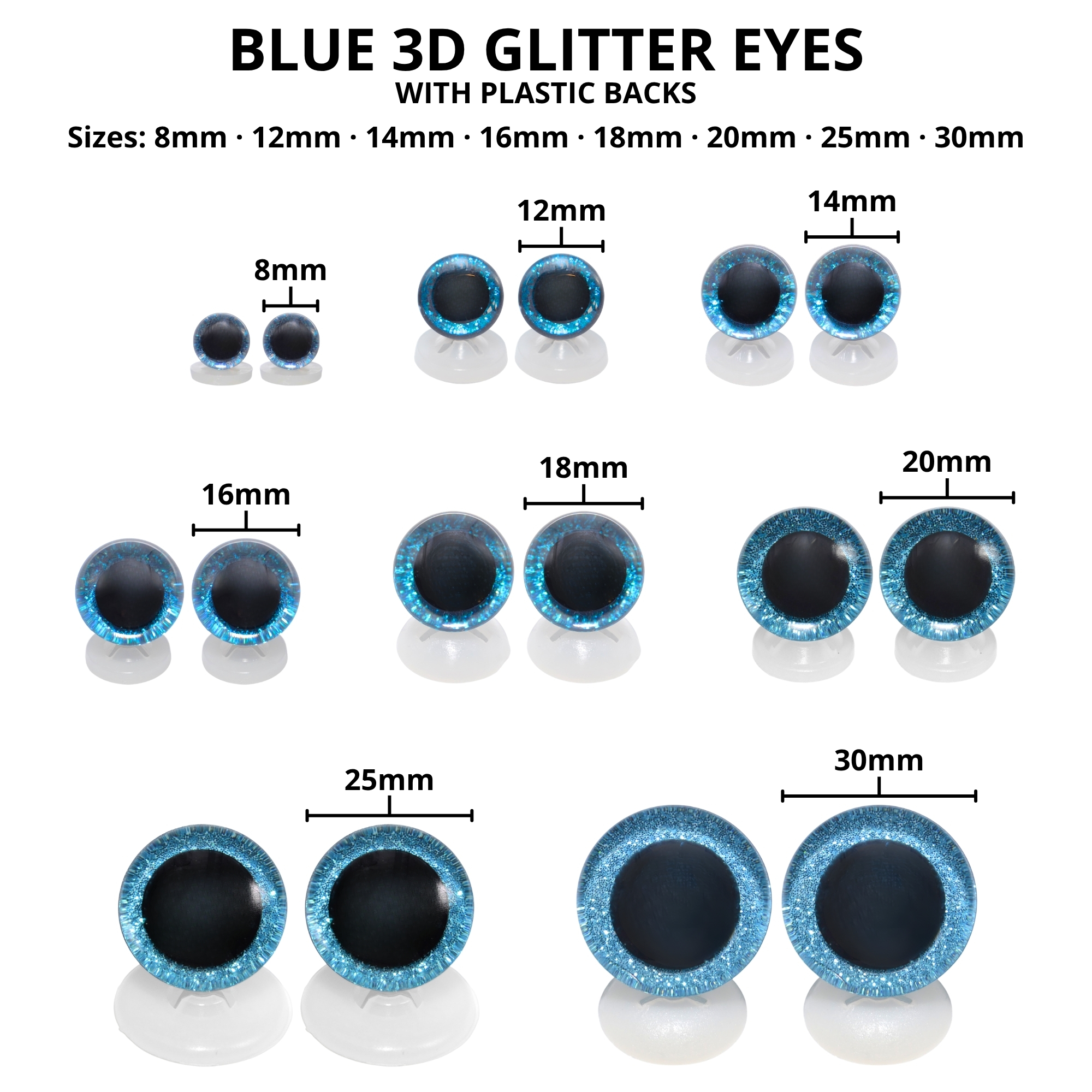 8mm Blue 3D Glitter Sparkle Eyes with Plastic Backs - Image 3