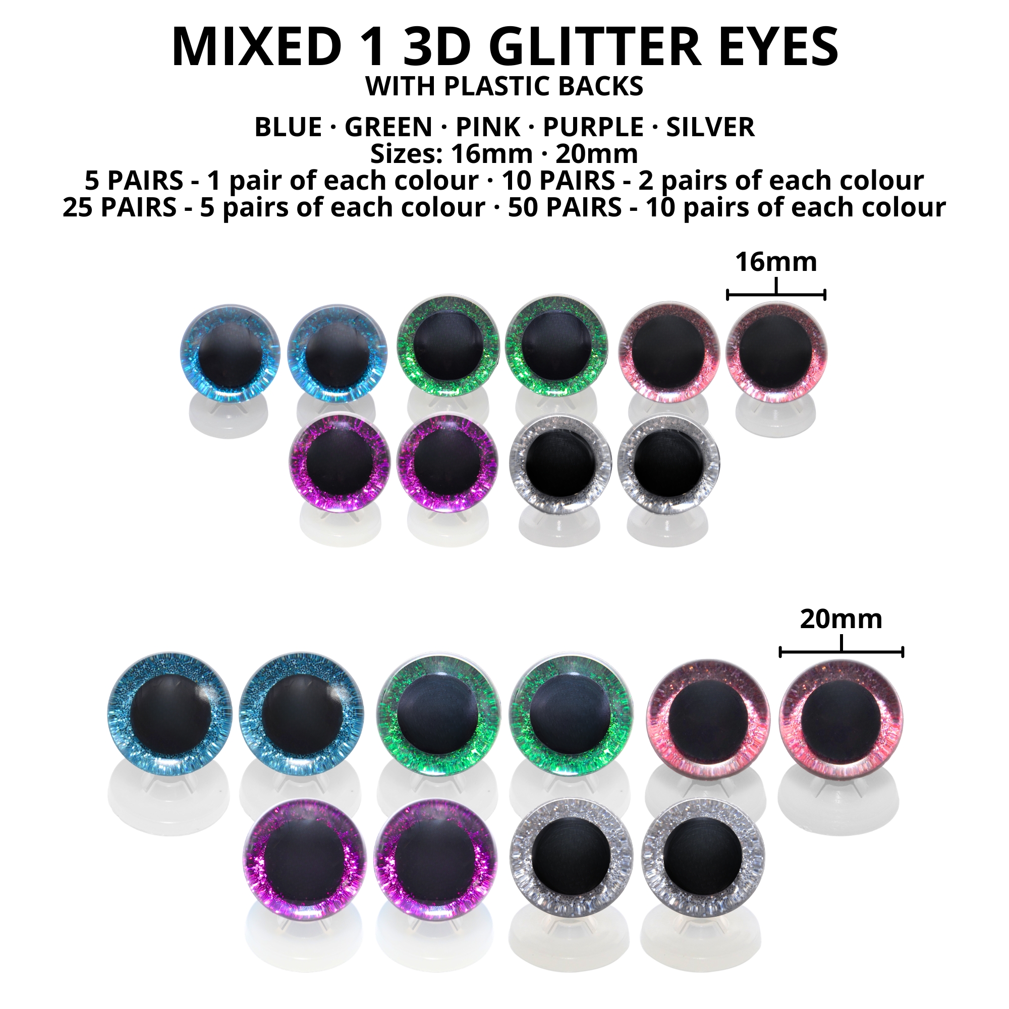 16mm Mixed 1 3D Glitter Eyes with Plastic Backs - Image 3