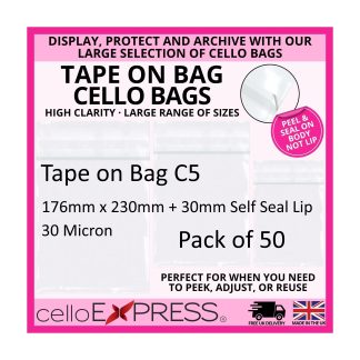 Pack of 50 - Tape on Bag C5 - 167mm x 230mm + 30mm Self Seal Flap - Cellophane Greeting Card Display Bags 30 Micron - Medium Cello