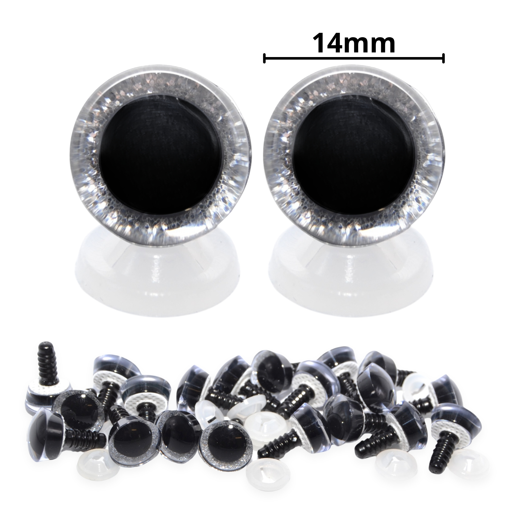 14mm Silver 3D Glitter Sparkle Eyes with Plastic Backs