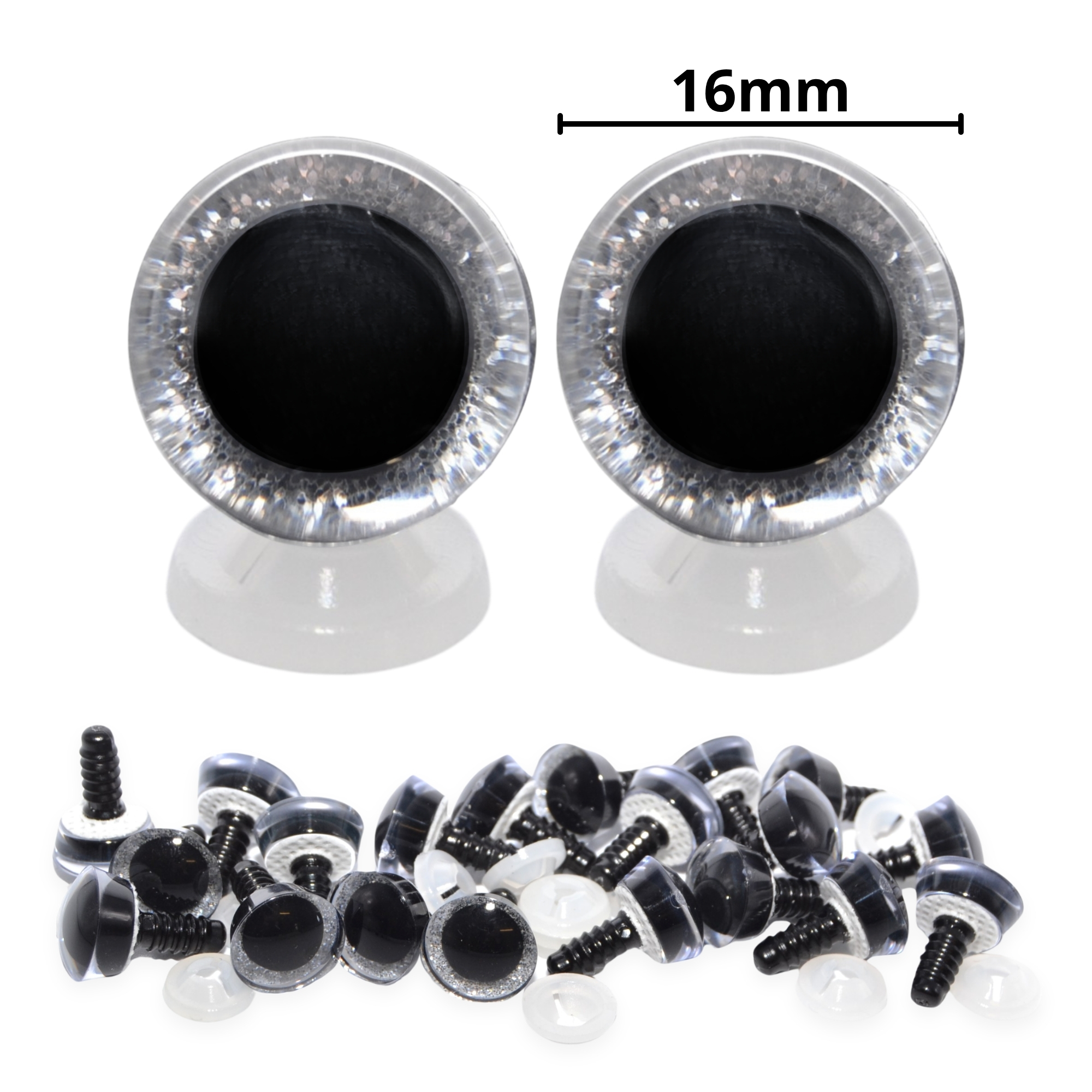16mm Silver 3D Glitter Sparkle Eyes with Plastic Backs