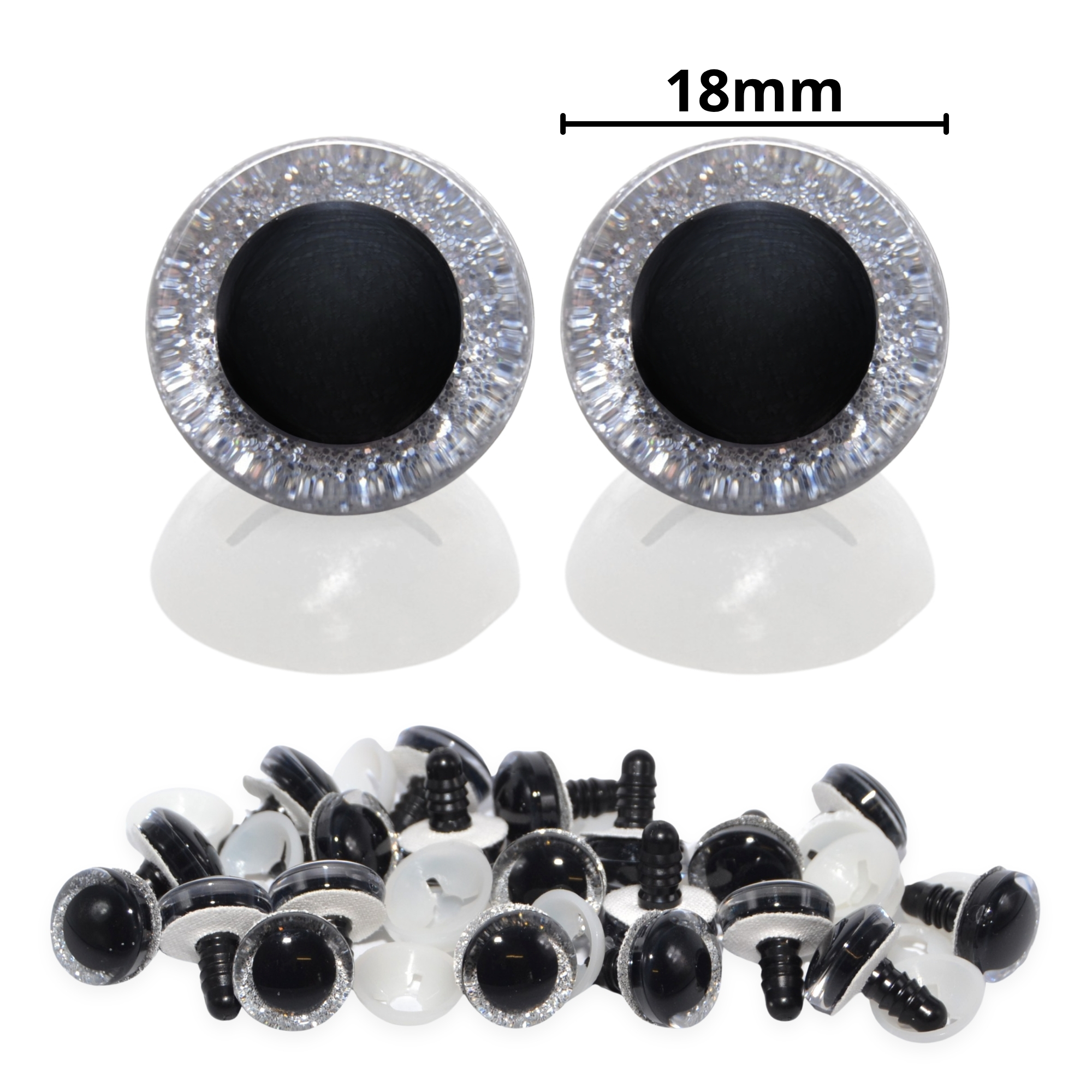 18mm Silver 3D Glitter Sparkle Eyes with Plastic Backs