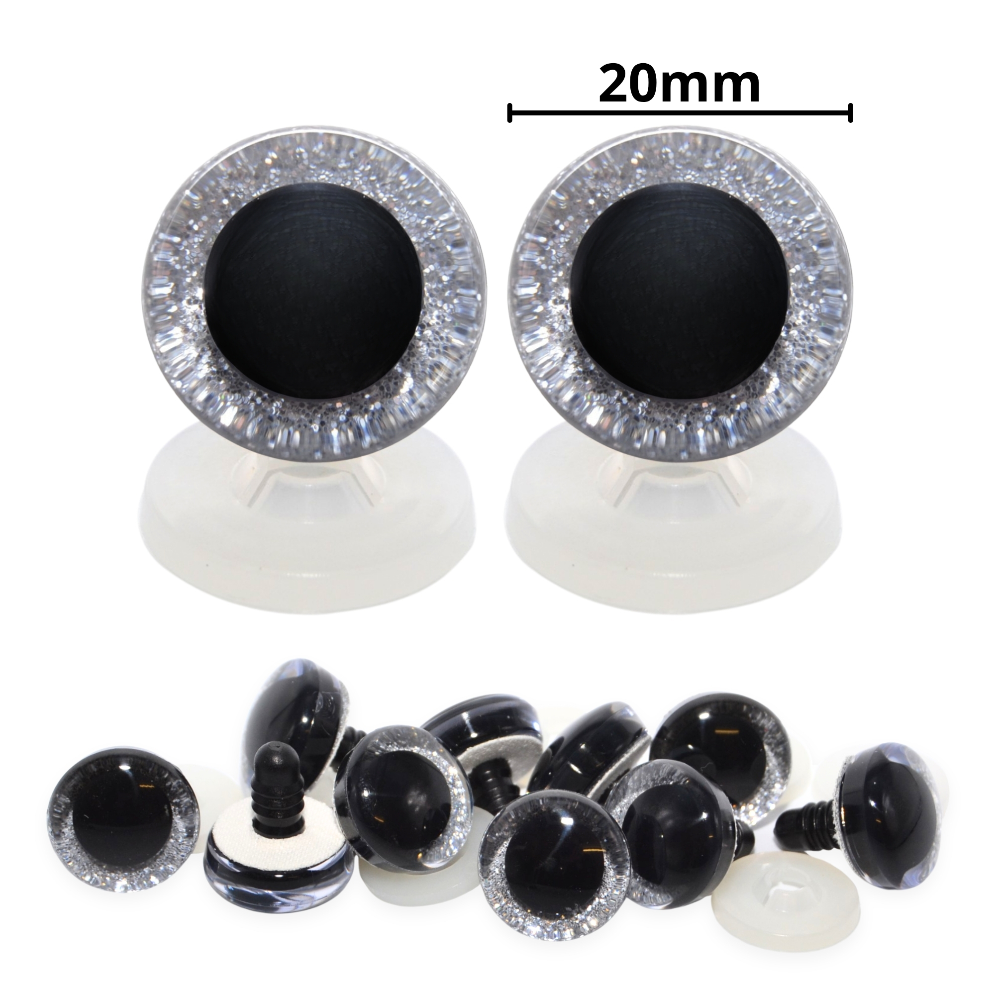 20mm Silver 3D Glitter Sparkle Eyes with Plastic Backs