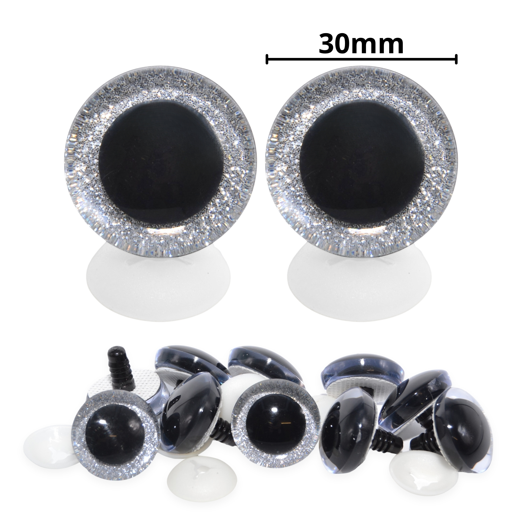 30mm Silver 3D Glitter Sparkle Eyes with Plastic Backs
