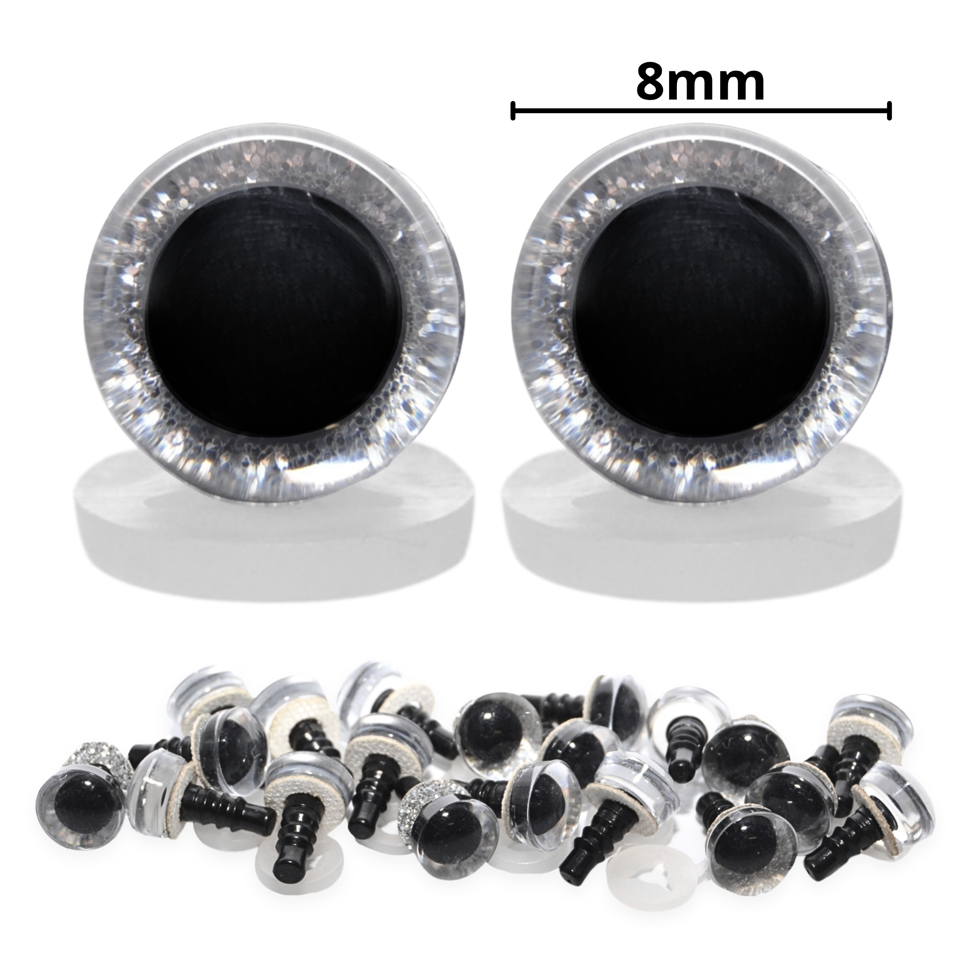 8mm Silver 3D Glitter Sparkle Eyes with Plastic Backs