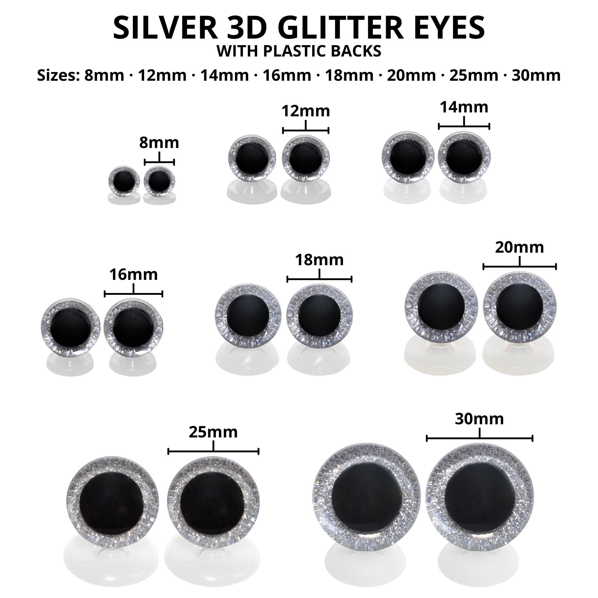 12mm Silver 3D Glitter Sparkle Eyes with Plastic Backs - Image 3